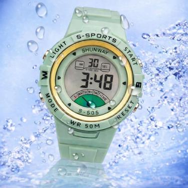 Imagem de Relógio Digital Esportivo Shunway S-505 Verde-água E Dourado - Tudo Em Caixa