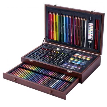 Imagem de Kit Lápis de Cor Profissional com Maleta de Madeira 142 peças Tintas Acrílicas, Aquarel...