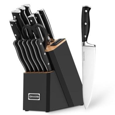 Imagem de Conjunto de Facas de Cozinha com Suporte, 15 Peças com Suporte e Afiador com Tesoura para Cozinha, em Aço Inoxidável de Alto Carbono (Preto)