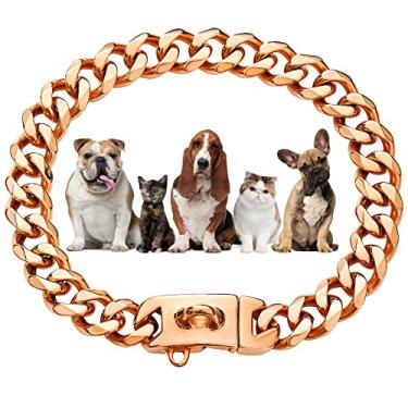 Imagem de W/W Lifetime Coleira para cachorro de corrente de ouro rosa 13 mm 18K ouro colar para cachorro com fivela de pressão segura colar de metal para pequeno médio Pitbull (35,5 cm)