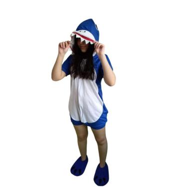 Imagem de Fantasia Kigurumi Macacao Malha Curto Tubarão Azul - Infantil