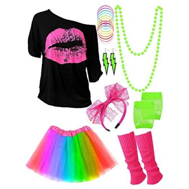 Imagem de Fantasia feminina dos anos 80 com acessórios, camiseta, saia tutu para festa temática de Halloween, Arco-íris, M