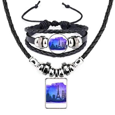 Imagem de França Paris Torre Eiffel Azul Aquarela Colar Pulseira Conjunto de Joias