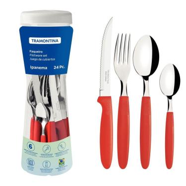 Imagem de Faqueiro Ipanema Com Lâminas Em Aço Inox E Cabos De Polipropileno Vermelho Com Pote Plastico 24 Peças Tramontina 23399791