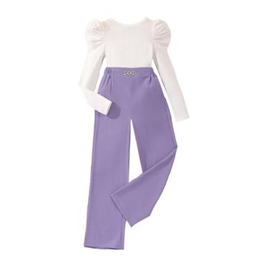 Imagem de OYOANGLE Conjunto de 2 peças para meninas de malha canelada manga bufante longa e calça de perna larga, Branco, roxo, 10Y