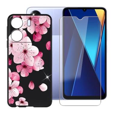 Imagem de Ikiiqii Capa para celular Xiaomi Poco C65 (6,7 polegadas) + protetor de tela, capa à prova de choque, capa de silicone macio e TPU antiarranhões + vidro temperado para Xiaomi Poco C65 - flores rosa