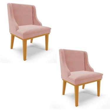 Imagem de Kit 2 Cadeiras Estofadas Para Sala De Jantar Base Fixa De Madeira Castanho Lia Veludo Rosê