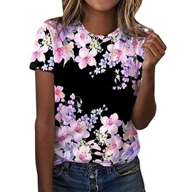 Imagem de Blusas femininas de verão grandes de manga curta com estampas para sair, blusas modernas de algodão, camisetas soltas, túnica básica, rosa, GG