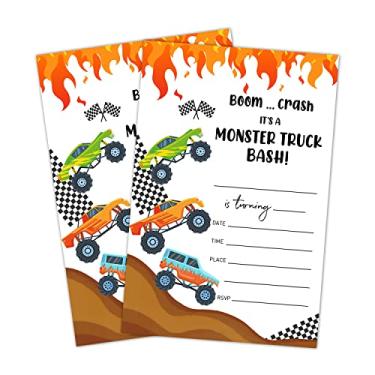 Imagem de LWBEO Cartões de convite de aniversário, convites de festa de caminhão monstro, suprimentos de decoração de festa de feliz aniversário infantil, 20 cartões de preenchimento com envelopes para