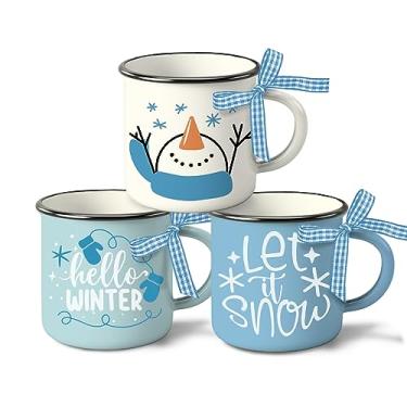 Imagem de Paayna Conjunto de 3 mini canecas de café com boneco de neve Hello Winter, luva de floco de neve, 142 g, mini xícaras de café, bandeja em camadas, decoração, azul, Natal, cozinha, café, bar,