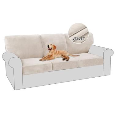 Imagem de PrinceDeco 6 capas de sofá luxuosas de veludo grosso (3 capas de base mais 3 capas de almofada de assento) Capas de sofá para 3 almofadas de sofá para cães, lavável na máquina (sofá, marfim)