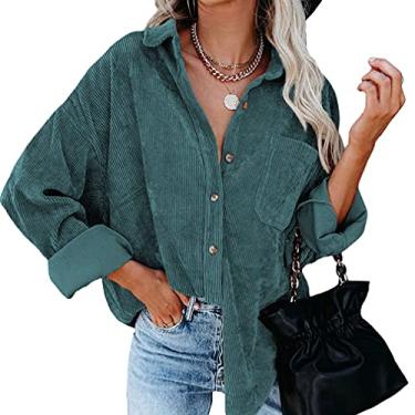 Imagem de Blusa feminina de manga comprida de veludo cotelê grande, gola de botão, vintage, solta, lisa, básica, com bolso, Verde, G