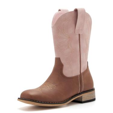 Imagem de Botas ocidentais infantis para meninos e meninas, bordadas, cowgirl, caubói, bico quadrado, cano médio, sapatos de equitação para crianças pequenas/crianças grandes, Rosa/marrom, 2 Little Kid