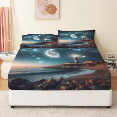 Imagem de Jogo de lençol King Queen com bolso profundo - farol do oceano, azul lua, serve em colchões de até 40,6 cm de espessura, 4 peças de lençóis de colchão com bolso profundo, lençóis de cama e fronhas
