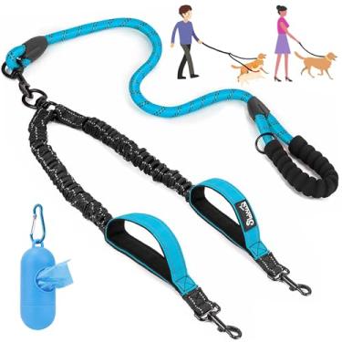 Imagem de Lukovee Coleira dupla para cães que não embaraça – grafite refletivo resistente giratório de 360° com duas alças acolchoadas divisor duplo para cães, treinamento de caminhada confortável com absorção de choque para 2 cães grandes (azul, G)