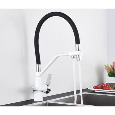 Imagem de Filtro de água torneira da cozinha 2 em 1 preto puxar para baixo torneiras pia água pura para cozinha deck giratória misturadora fria, branco b