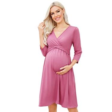 Imagem de FUNJULY Vestido de maternidade feminino casual com babados e gola V, manga curta, evasê, vestido midi para chá de bebê, Rosa empoeirado, M