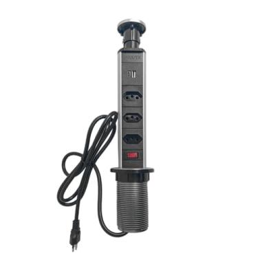 Imagem de Torre Multiplug, 3 tomadas, 1 entrada USB, 1 entrada tipo C, Tomada Embutida, Tomada Escondida, Retrátil, Tomada de Mesa, Solução Versátil, Oculta sob Móvel, Proteção Anti-Choque.