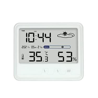 Imagem de Termômetro higrômetro interno com hora, data, semana, luz de fundo, display LCD, relógio, calendário, USB, mesa, medidores eletrônicos de tempeura e dade com suporte para casa, estufa, adega