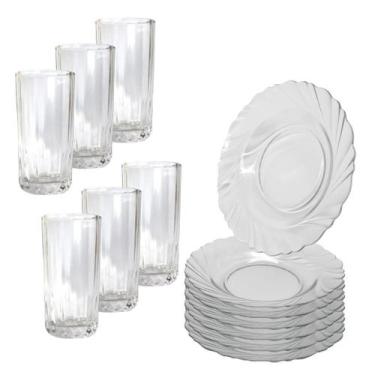 Imagem de Jogo 12 Peças Aparelho de Jantar 6 Pratos Fundo Liso Vidro + 6 Copos L