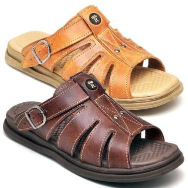 Imagem de Kit 2 Sandálias Masculinas Couro Solado Borracha Leve Macio - Rubim Ca