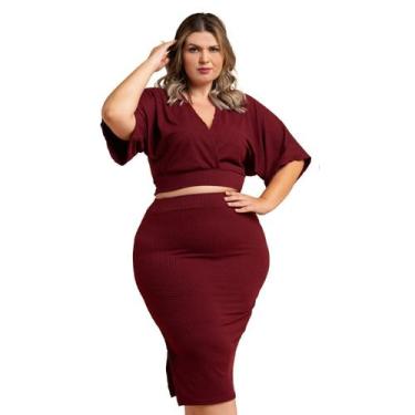 Imagem de Conjunto Blusa Morcego + Saia Midi Modeladora Canelada Lápis Feminino 
