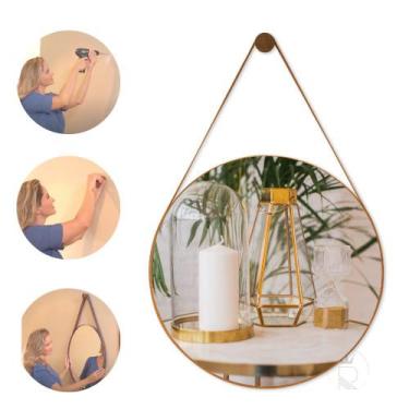 Imagem de Espelho Decorativo Redondo 40cm Adnet Suspenso C/ Alça Couro - Rei dos