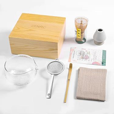 Imagem de ZENRC Kit de Batedor Matcha de Bambu, Conjunto de Chá Matcha, Batedor de Matcha de Bambu e Tigela (Chawan), Colher (Chashaku), Suporte Chasen, Coador de Chá (Peneira), Toalha de Chá em Caixa de Madeir