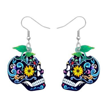 Imagem de DALANE Brincos de crânio de açúcar assustadores de acrílico de Halloween, pingente de flores, joias para mulheres, meninas, crianças, pingentes, presentes de festa, Medium, Acrílico, Sem pedra