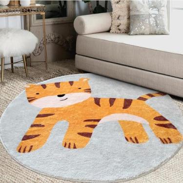 Imagem de Poowe Tapete de quarto infantil de tigre fofo, tapete redondo lavável de 80 cm, tapete de berçário para bebês, meninos, meninas, tapete antiderrapante, macio para sala de estar, quarto, sala de jogos,