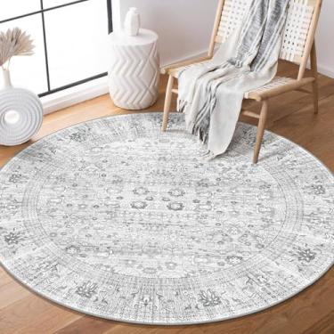 Imagem de Brakki Tapete redondo cinza de 1,2 m, tapete de área boho lavável para quarto, sala de estar, sala de jantar, quarto, cozinha, ultramacio, floral, vintage, envelhecido, antiderrapante, tapete circular