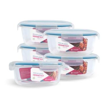 Imagem de Kit 5 Potes de Vidro Redondo com Tampa Hermética 1300ml (Azul)