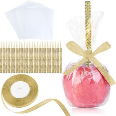 Imagem de Kit de 24 palitos e sacos de maçã de doces brilhantes, espetos de madeira de maçã caramelo, palitos decorativos de bambu para arroz Krispie petiscos, bolos, cachorros-quentes com envoltório de vidro,