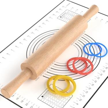 Imagem de Mepple Rolo de massa de madeira clássico com alça e tapete de pastelaria para fondant, pizza, tortas, biscoitos, rolo de massa para assar com 3 anéis de espessura multicoloridos, rolo de massa de