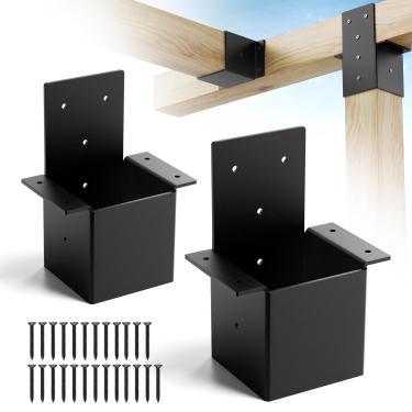 Imagem de 2 suportes de pérgula 4 x 4 para poste de madeira, suportes de viga de calibre 14, kit de suporte de parede de pérgola com parafusos, suportes de corrimão de deck preto para cabana de pérgola de pátio