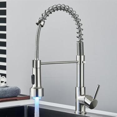 Imagem de Torneira de cozinha com luz dourada escovada, mola retrátil, torneira de pia de cozinha, misturador de água quente e fria, alça única, bica giratória, níquel escovado B