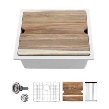 Imagem de Sarlai 21 Pia de cozinha branca composta de granito - 53 x 45 cm pia de estação de trabalho de preparação de barra de quartzo composto de quartzo branco tigela única retangular para trailers