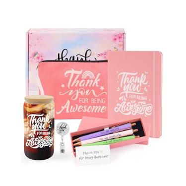 Imagem de PainZieteg Presentes de agradecimento para mulheres, conjunto de presentes com bolsa de cosméticos, copo de vidro, cadernos, canetas, porta-crachás, para funcionários, professores, colegas de