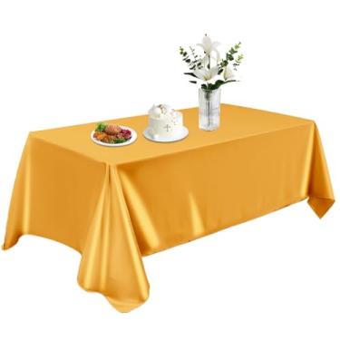 Imagem de KINREEB Toalha de mesa de cetim 147 x 260 cm, toalha de mesa retangular lavável, capa de mesa de tecido liso, decoração de mesa de seda brilhante para jantar, cozinha, festa, casamento, banquete, ouro