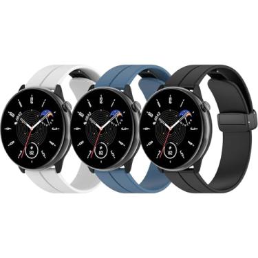 Imagem de Pacote com 3 pulseiras de relógio de silicone compatíveis com Amazfit GTS 2/GTS 2 mini/GTS 3/GTS 4/GTS 4 mini/GTR mini, pulseiras magnéticas com fivela dobrável de 20 mm para Amazfit Bip U Pro/Bip