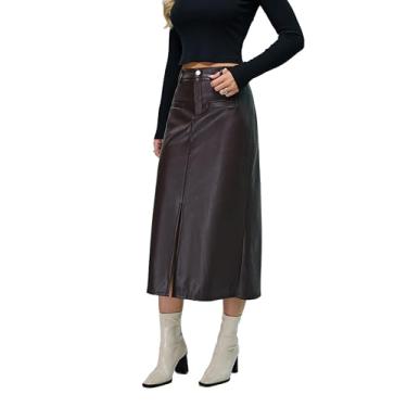 Imagem de EasyFair Saias longas de couro para mulheres, cintura alta, fenda frontal, colado ao corpo, evasê, saia midi de inverno, Preto, M
