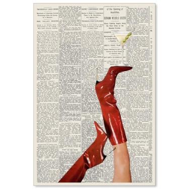 Imagem de Lianxiaw Martini Girly Red Boot Wall Art Vintage Feminist Cocktail Poster Preppy Newspaper Alcohol Estética Impressões para Bar Carrinho Dormitório Quarto Decoração de Parede 40 x 61 cm Sem Moldura