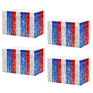 Imagem de MZJU 4P Saias de mesa onduladas metálicas com franjas para mesas retangulares, cortinas de guirlanda, para desfile, boias, casamentos, festas de aniversário, Halloween, Natal (vermelho, azul, branco)