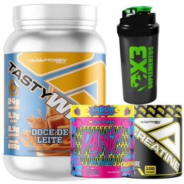 Imagem de Tasty Whey 3W Sabor Doce de Leite 900g + Creatina 300g + Panic (Pré-Treino) Sabor Uva 300g - Adaptogen + Coqueteleira 600ml - X3 Suplementos