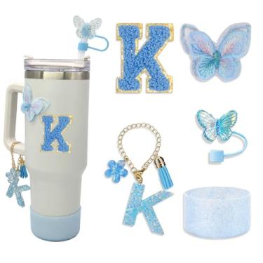 Imagem de Conjunto de acessórios Stanley Cup para Tumbler Stanley, incluindo capa de canudo de borboleta de 10 mm, pingentes de letras de copo, bota de silicone brilhante, adesivo de letras e adesivo bordado de