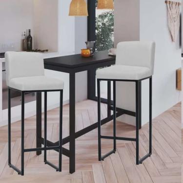 Imagem de Kit 02 Banqueta Alta Com Encosto Lucca -60cm chão até o assento Industrial Ferro Preto Corino Branco - Ahz Móveis