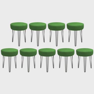 Imagem de Kit 09 Banquetas Puff Jullia Luxo 55cm Industrial Ferro Preto Corino Verde - Ahazzo Móveis