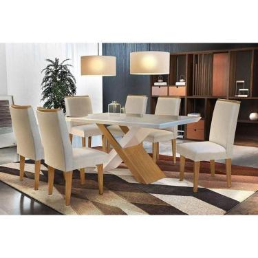 Imagem de Sala de Jantar Completa c/ Tampo Canto Reto 180cm + 6 Cadeiras Lunara Imbuia Veludo Creme