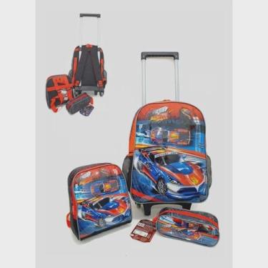 Imagem de Kit Mochila Rodinha Infantil Menino Carros Escolar 3 Pçs