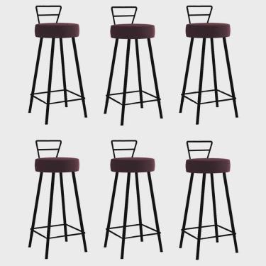 Imagem de Kit 06 Banqueta Alta Com Encosto Tina Eiffel Cozinha Bar Bistrô Ferro Preto Suede Bordô - Ahz Móveis